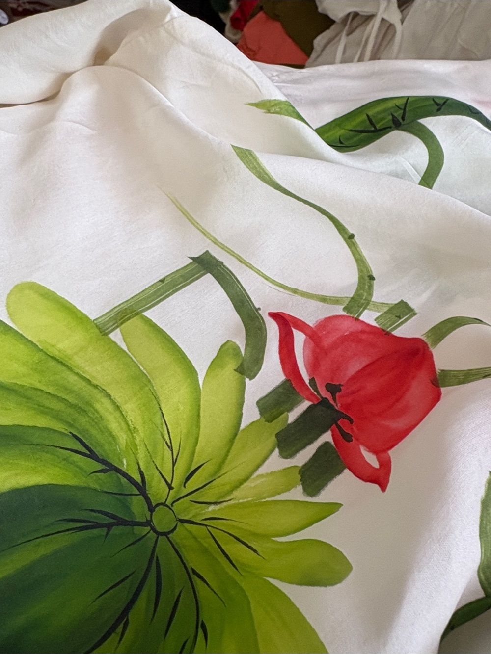 White Floral Kimono Robe with Green and Pink Botanical Print. 100. Silk - Picture 3 of 4